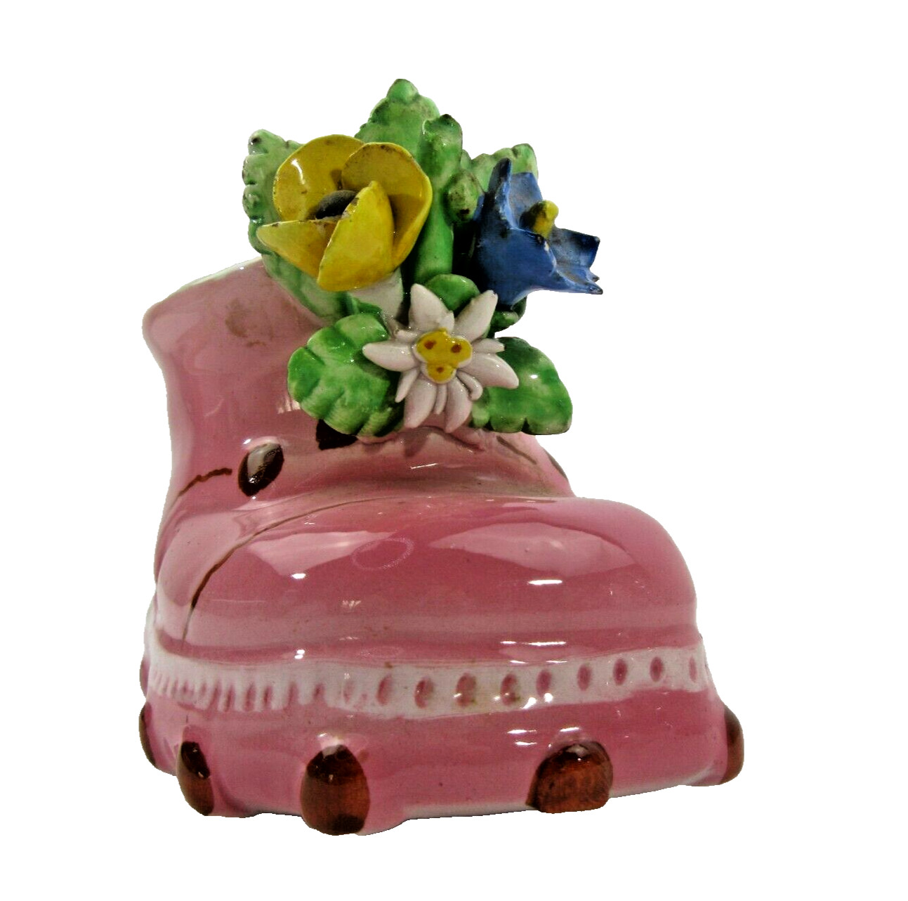 Vtg Italian Ceramic Boot Vase Capodimonte Flowers Nancy Pew pink baby planter