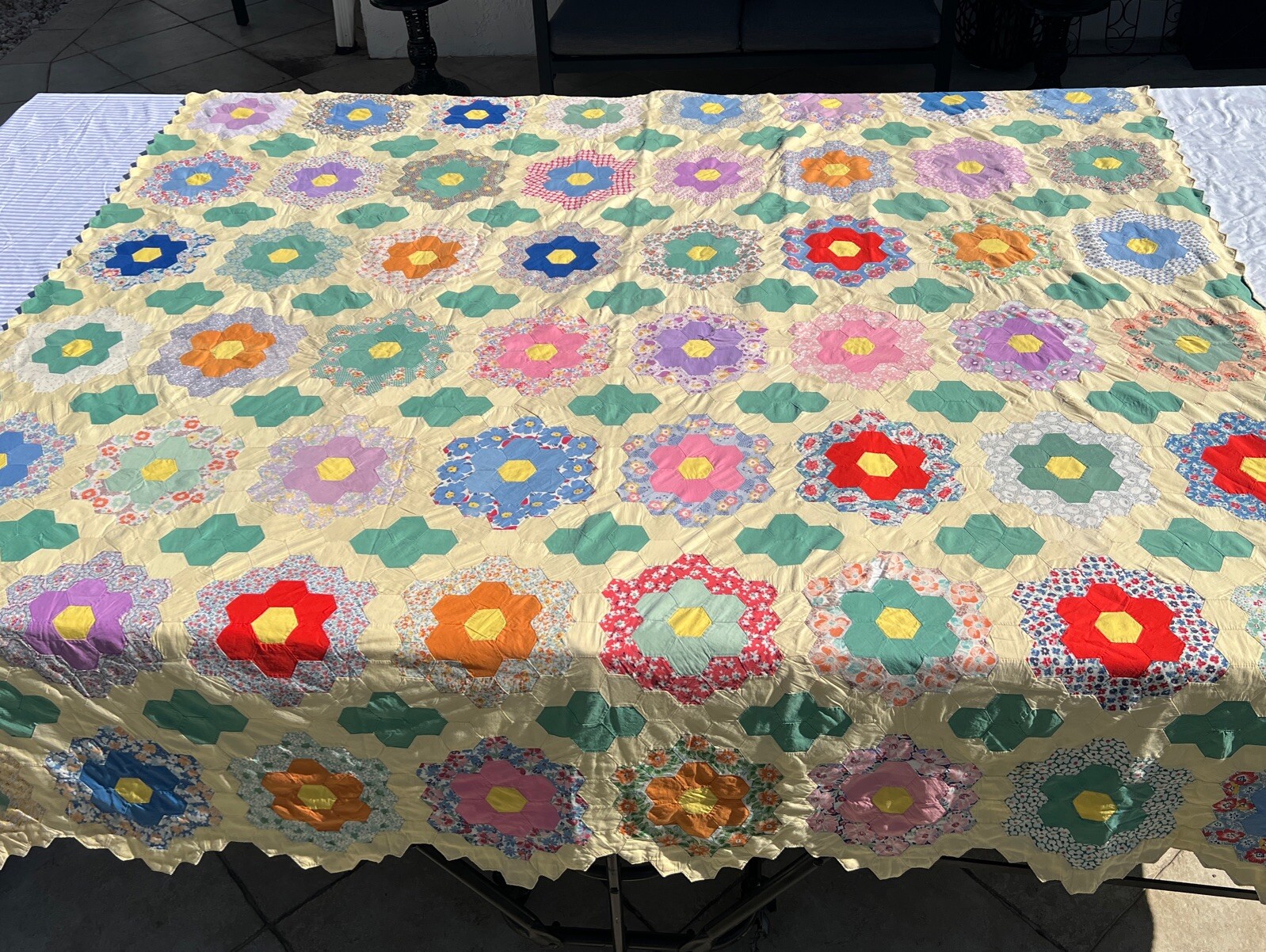 Vintage grandma’s Garden Hand Sewn Quilt. 80” X 80” Multicolor