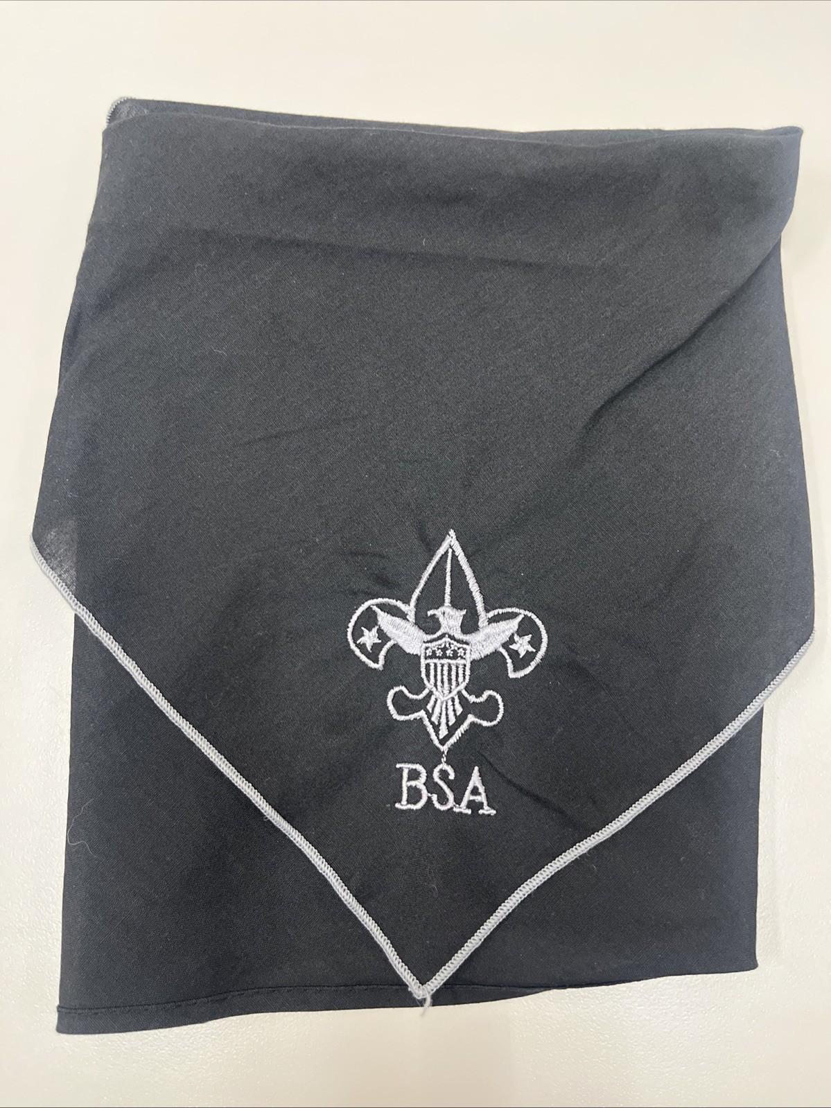 Vintage BSA Boy Scouts of America Black Neckerchief Gray Embroidered Logo.    oo