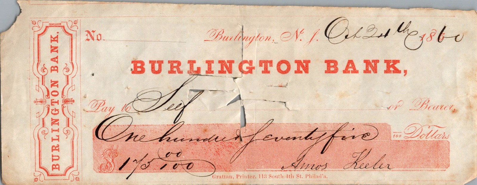 1860 Burlington NJ Bank Check Amos Keeler Obsolete Grattan Phila Antebellum