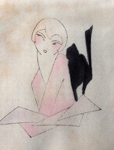 Antique 1920s Art Deco Hand Painted Silk Vanity Mat Flapper & Black Cat Padded