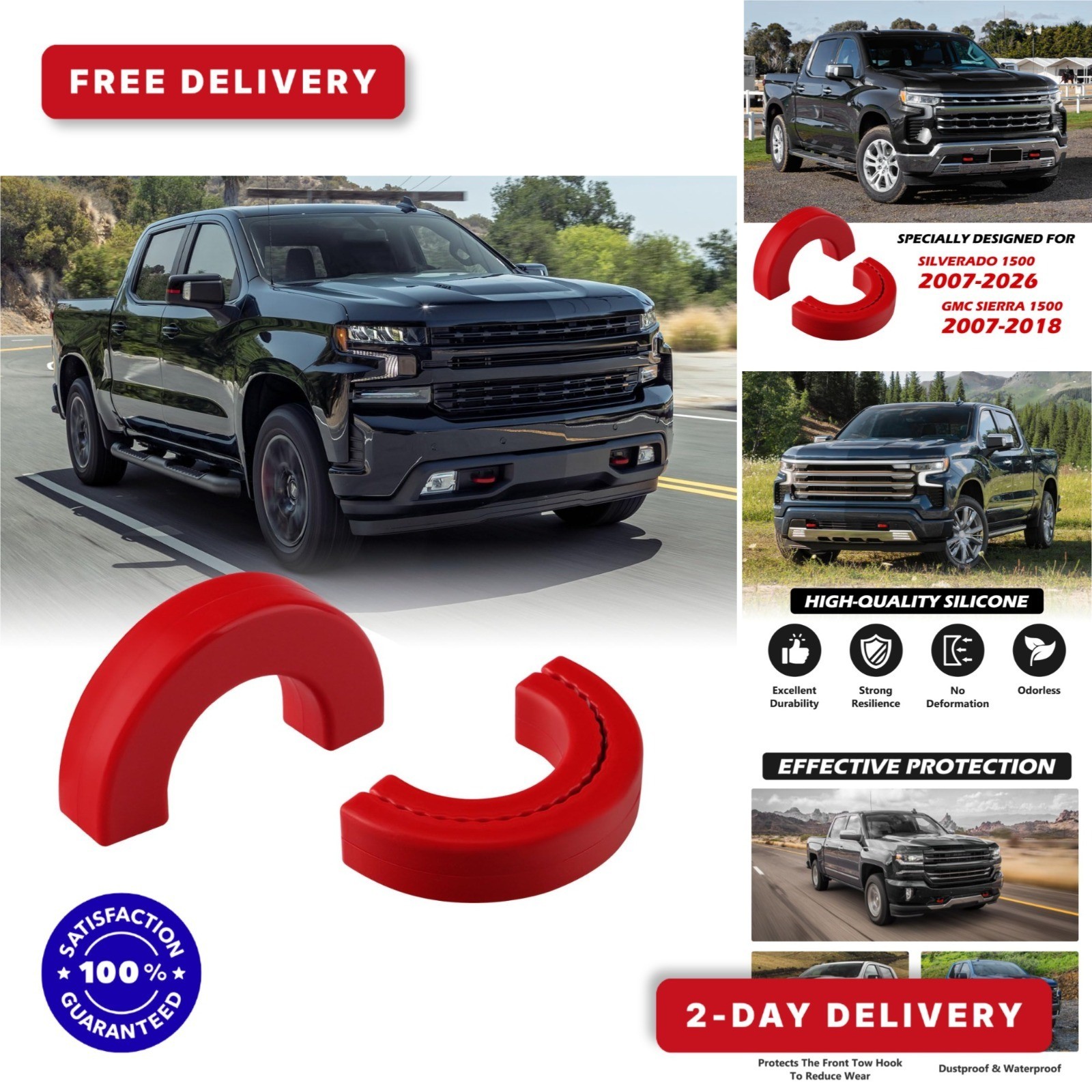 Tow Hook Covers for Chevy Silverado 1500 2007-2026 GMC Sierra 1500 Red