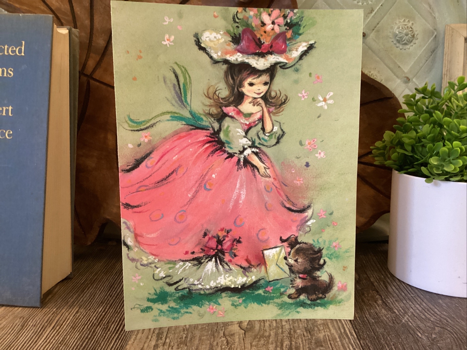 Vintage Girl Mid Mod Friends Dog Floral  Greeting Card Retro Mod Very Brady
