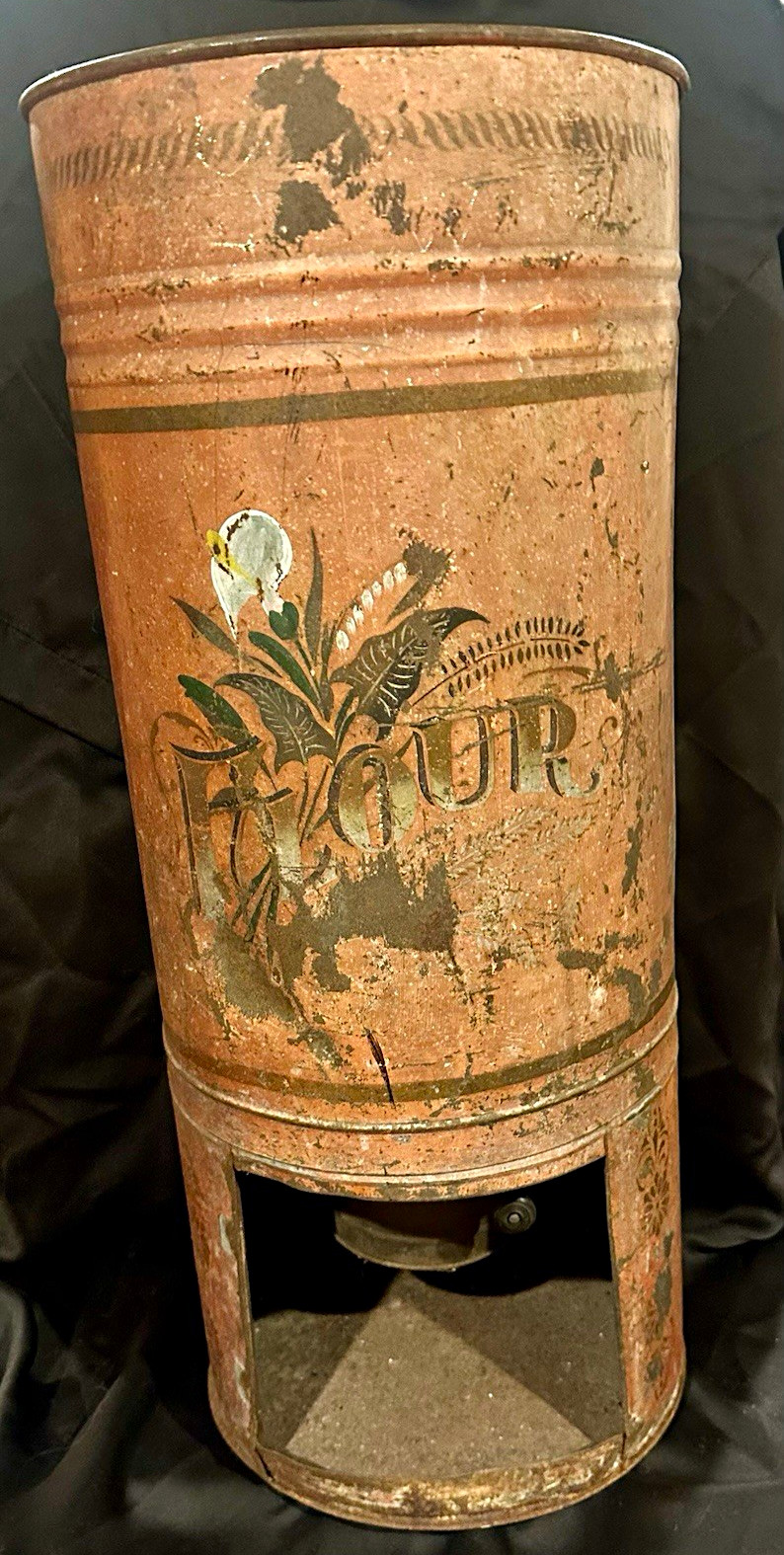 Vintage Large Red Tin Flour Sifter Canister Bin with Lid & Floral Graphic