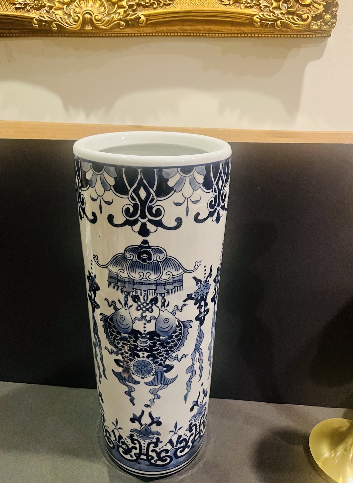 Vintage Blue/White Chinoiserie Porcelain Hand Painted Umbrella Stand Double Fish