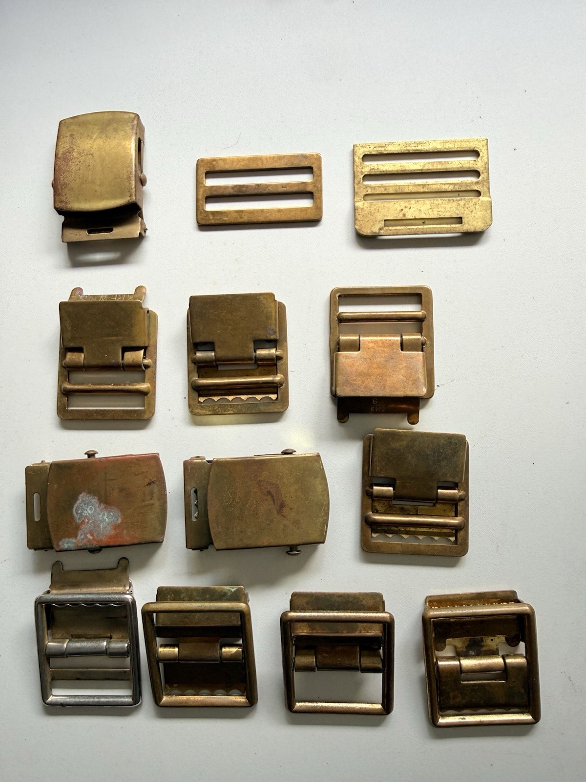 Lot 14 Vintage Brass Military Web Belt Buckles RAU KREW USA Parts Patina