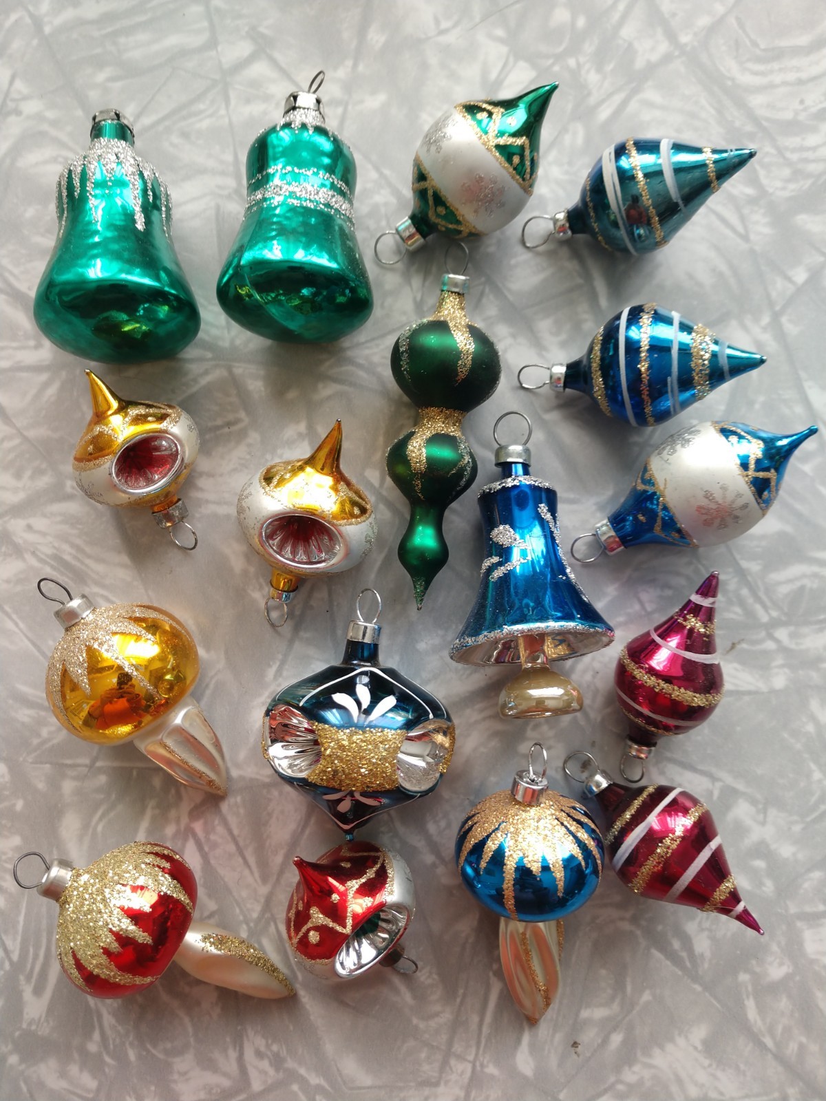 VTG Glass Mini Feather Tree Ornaments Lot Triple Indent Mushroom Finale Glitter