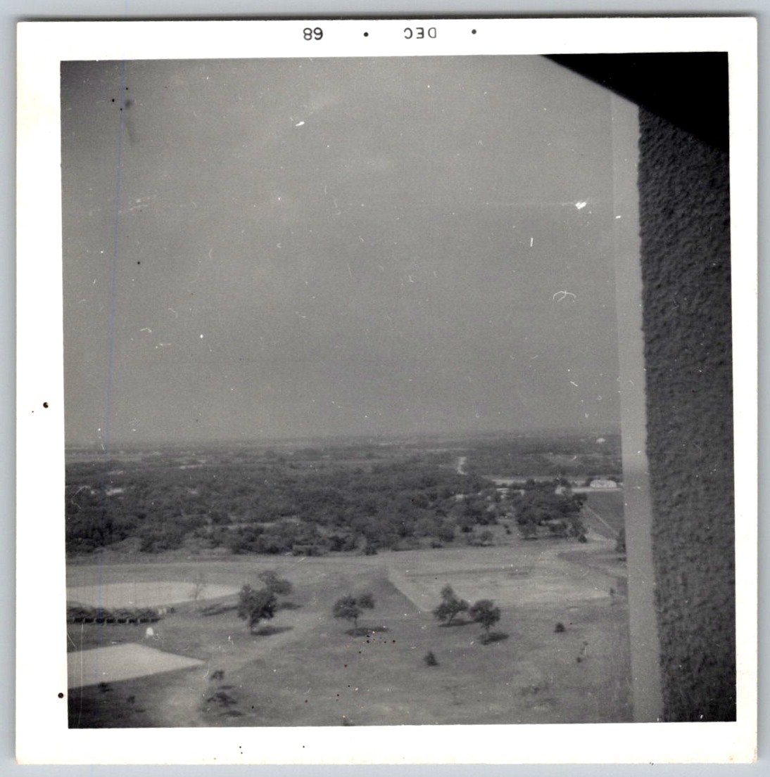 Vtg B&W Snapshot High Aerial View Landscape Fields Trees Rooftop Dec 1968