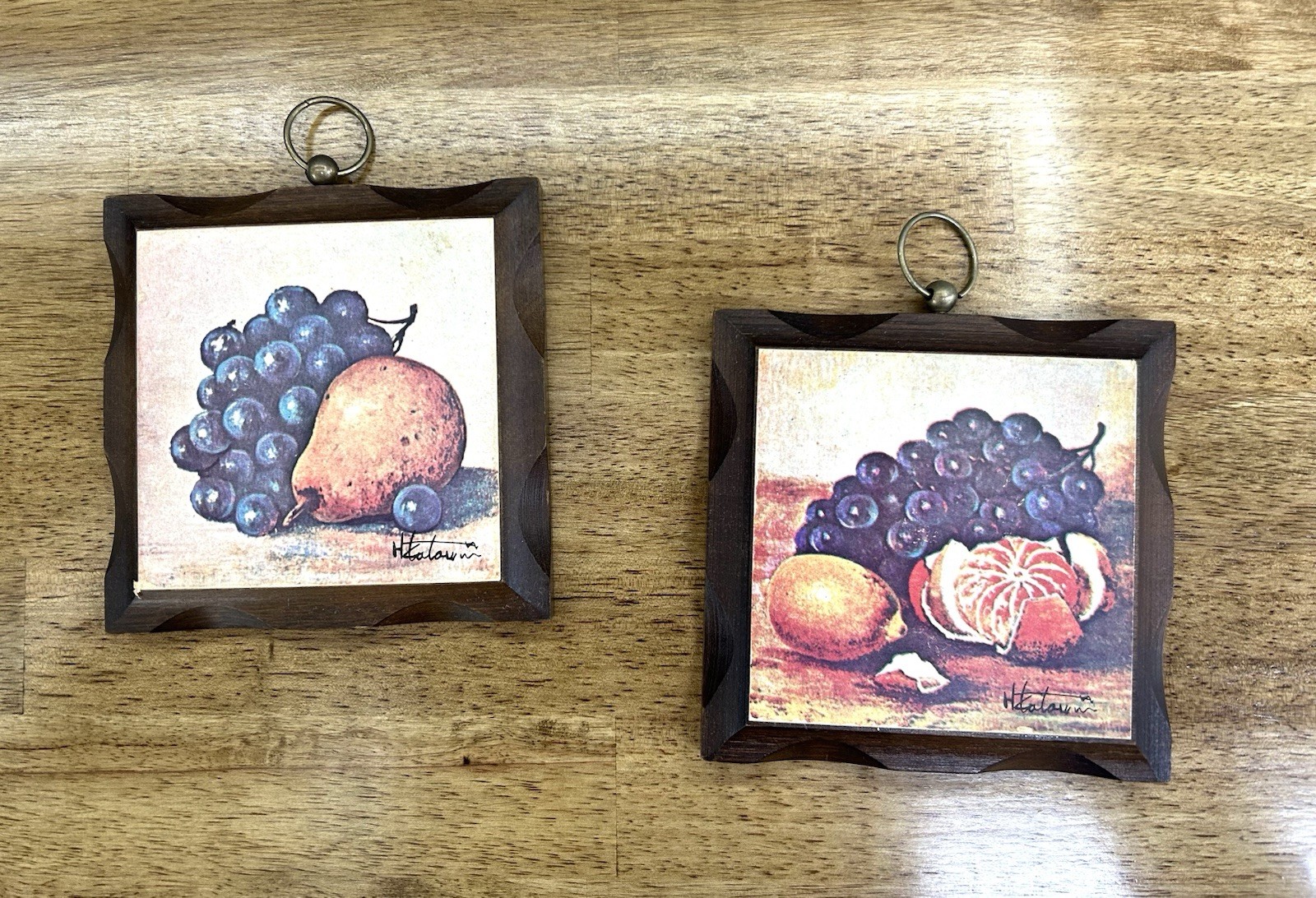 Vintage 1970s 2 Homco HomeInterior Wood Fruit Grapes OrangePear Wall Plaques 5x5