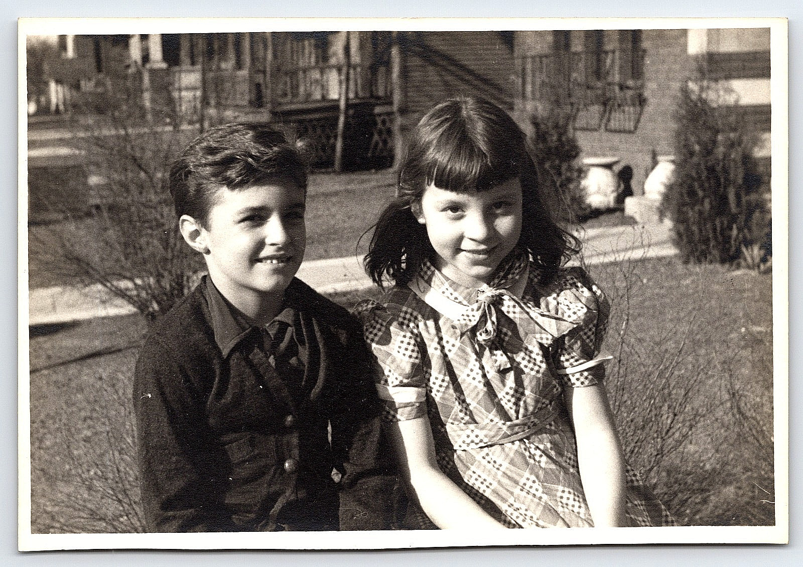 Antique Vintage Photo Picture Family Portrait Of A Young Boy And Girl By Houses