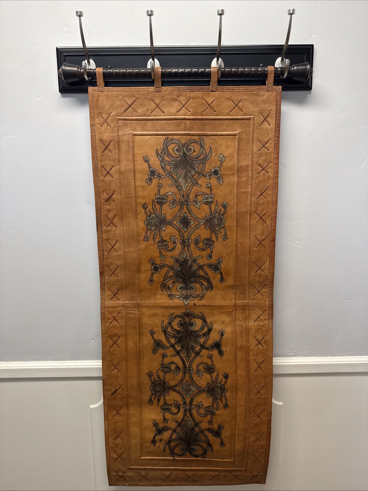 Antique Leather Wall Decor Tapestry Art Painted Scrollwork Stitched Border