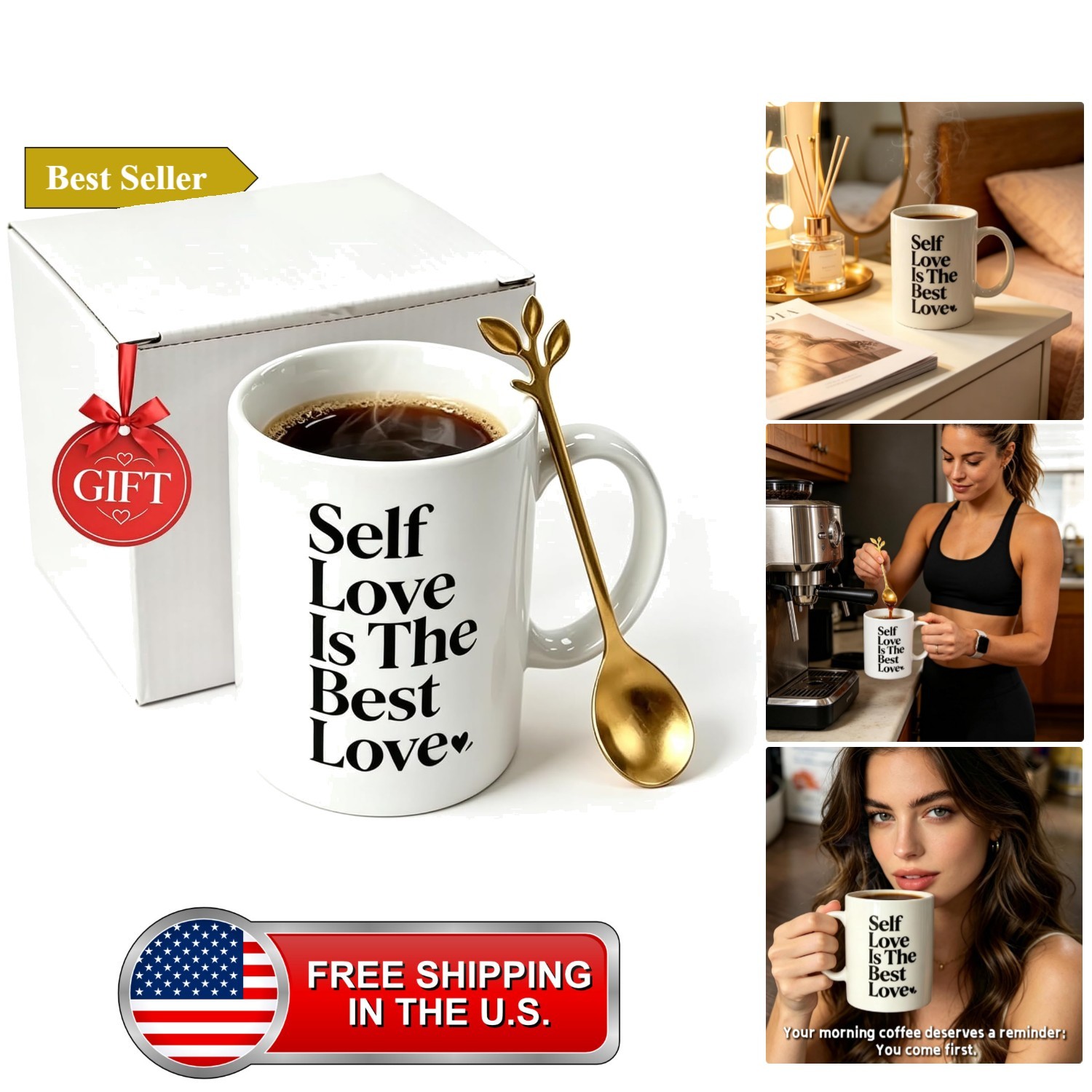 Self Love Is The Best Love Coffee Mug, 15oz Inspirational Cup with Gold Spoon...
