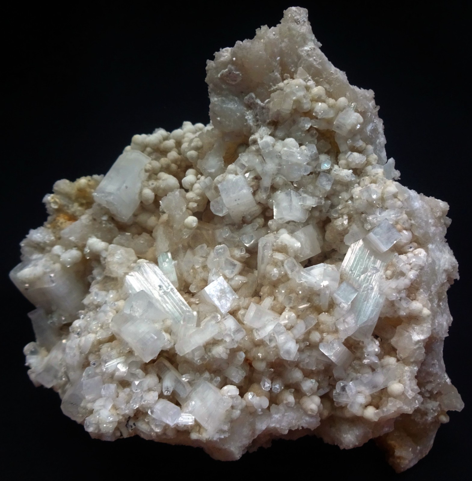 OKENITE & GYROLITE BALLS W/ APOPHYLLITE CRYSTALS ON PHREHENITE MATRIX MINERALS