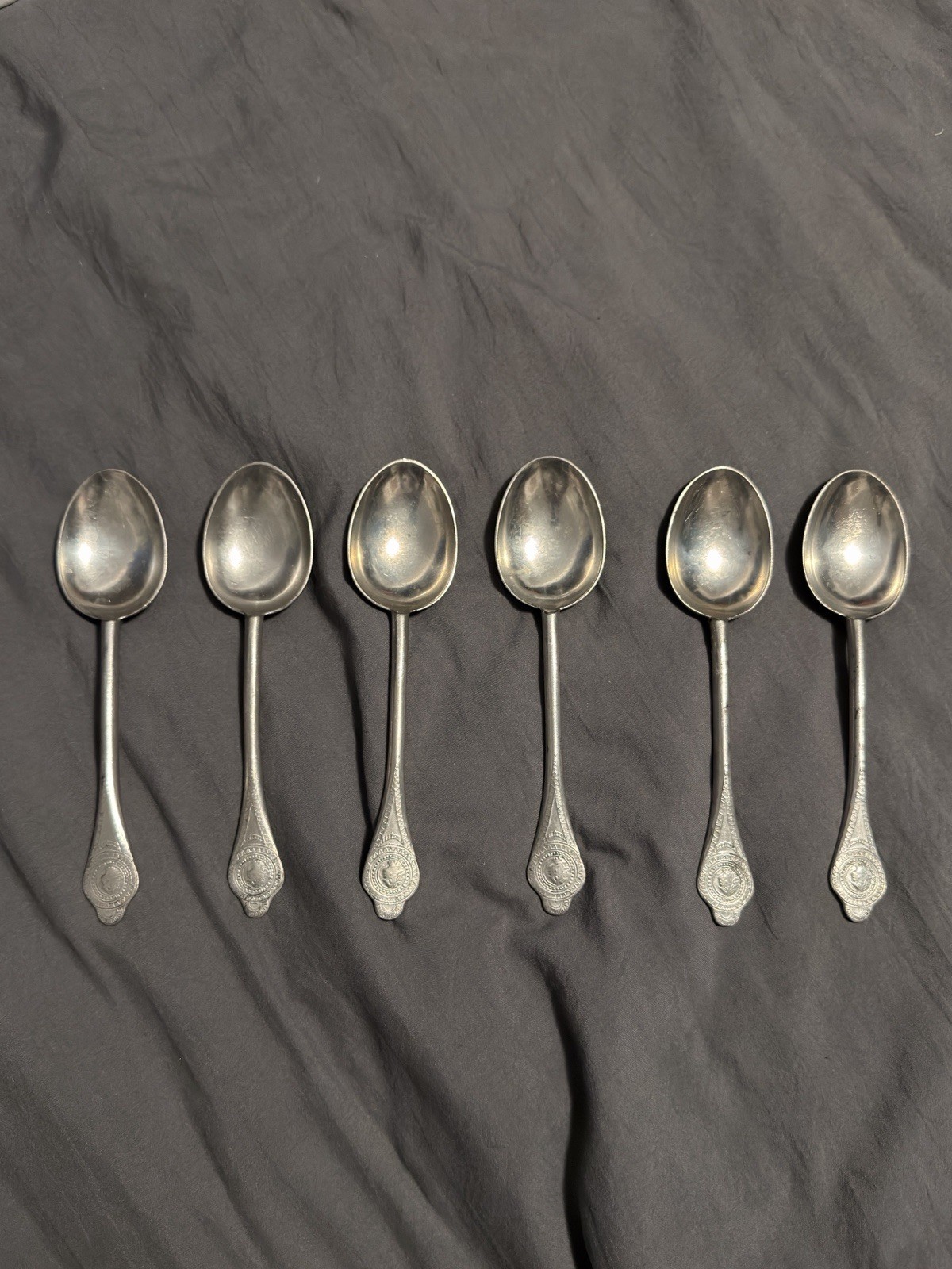 Set Of Six Sven Berg Pewter 7 1/8th Inch Spoons Colonial Williamsburg Getty