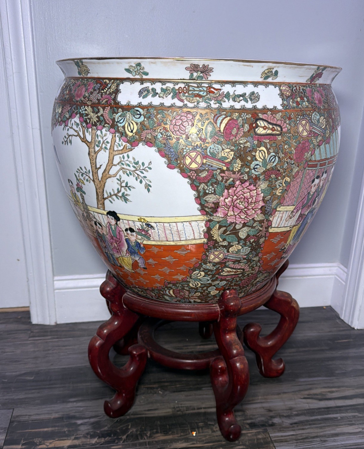 LARGE Chinese Rose Medallion Porcelain Fish Bowl Planter Goldfish Pot 18.5x16