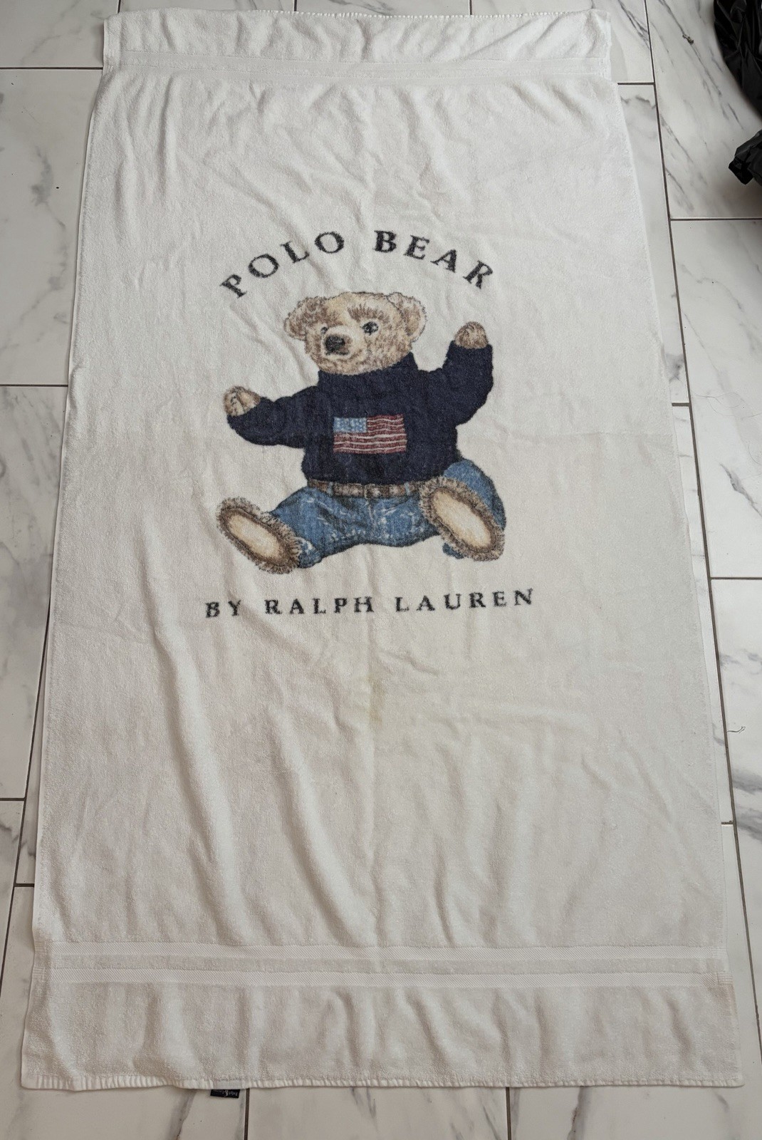 VTG 90s Ralph Lauren Polo Bear Bath Beach Towel White American Flag USA Cotton