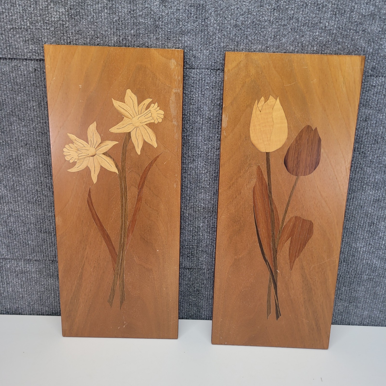Vintage MCM Heiko Signed Marquetry Inlaid Wood Wall Art Floral Set