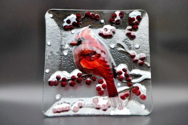 Vintage Tii Collection Art Glass Red Cardinal Tray Winter Scene Berries Snow