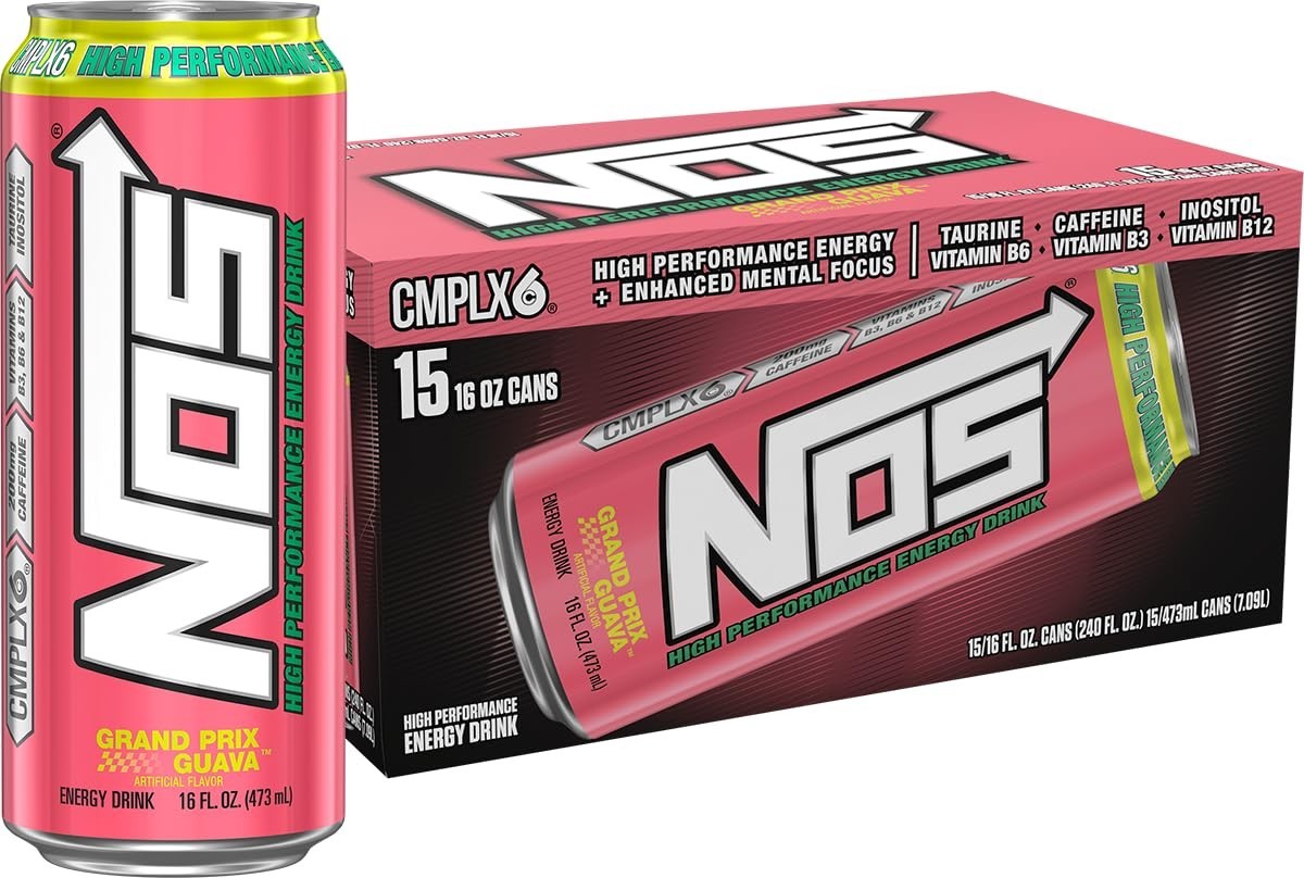 High-Performance Energy Drink - NOS Grand Prix Guava, 16 Fl oz, Pack of 15