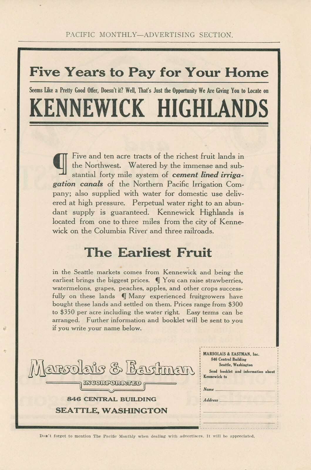 1911 Kennewick Highlands Land Sale Ad Washington Nortwest Pacific Settler Farm