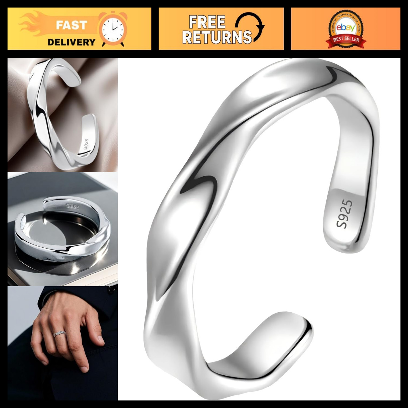 S925 Sterling Silver Vintage Ring for Men, Adjustable Size Open Hug Ring with S9