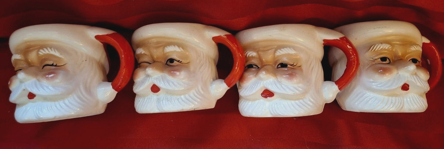 Set of 4 Santa face Mugs, 1950's, Sleeping, Winking, Almost Awake, Awake, Japan