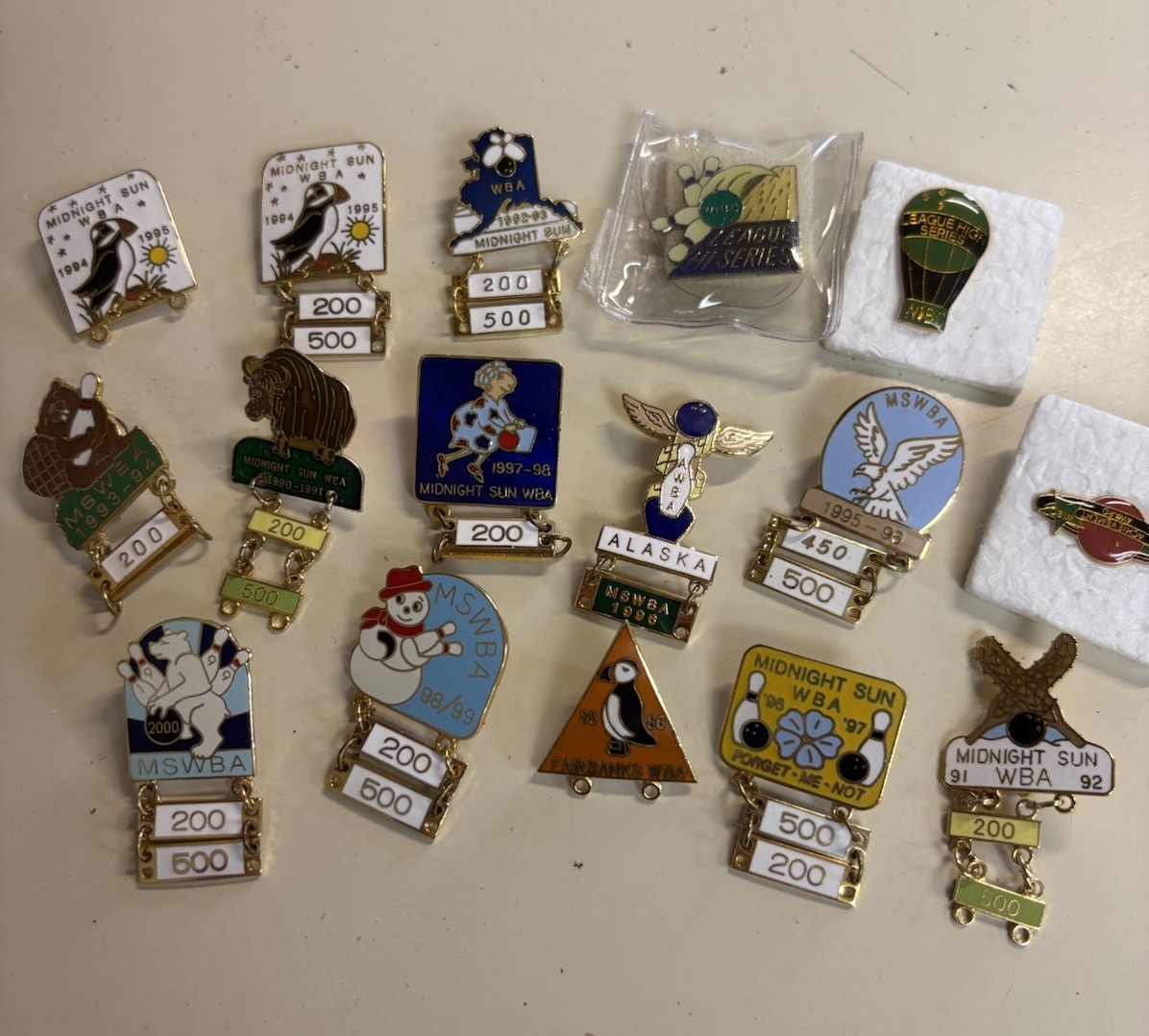 Lot 16 Vintage 1990s WBA Bowling Enamel Lapel Pins From Alaska Midnight Sun
