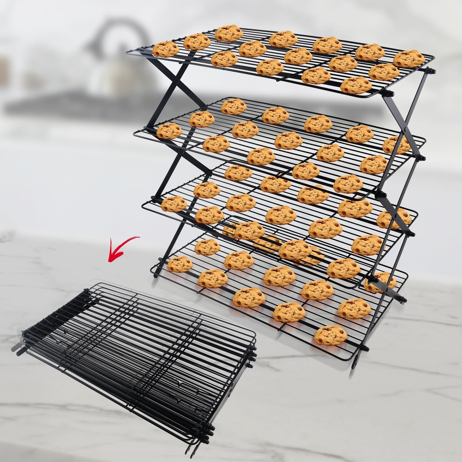4-Tier Collapsible Cooling Rack For Baking - Expandable & Foldable Cookie Coo...