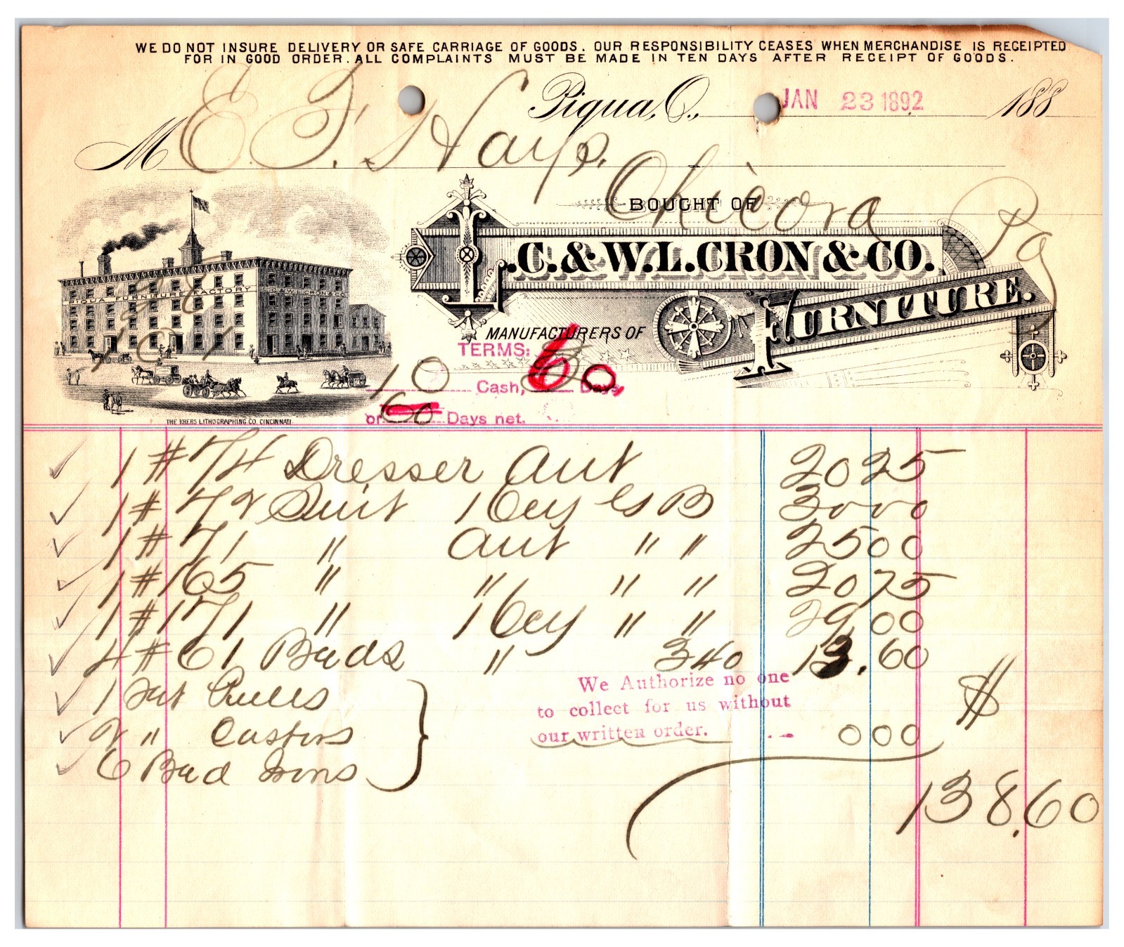Original 1892 - C & W.L. Cron & Co. Furniture Store Receipt - Piqua, Ohio