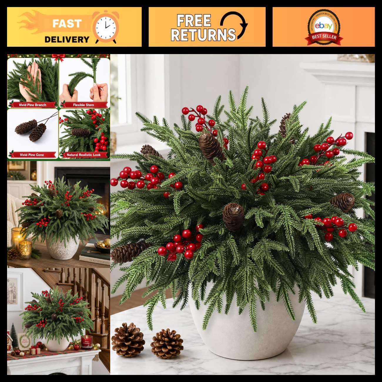 JOICEE 24Pcs Real Touch Norfolk Pine Branches with Pinecones Red Berries