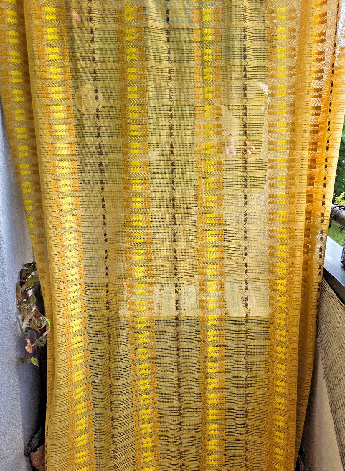 Vintage 1970s Swedish Curtains Pair MCM Yellow Stripe Open Weave Boho