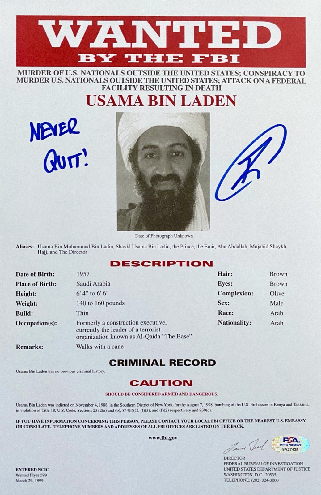 Robert O'Neill Signed Osama Bin Laden FBI Wanted Document PSA/DNA