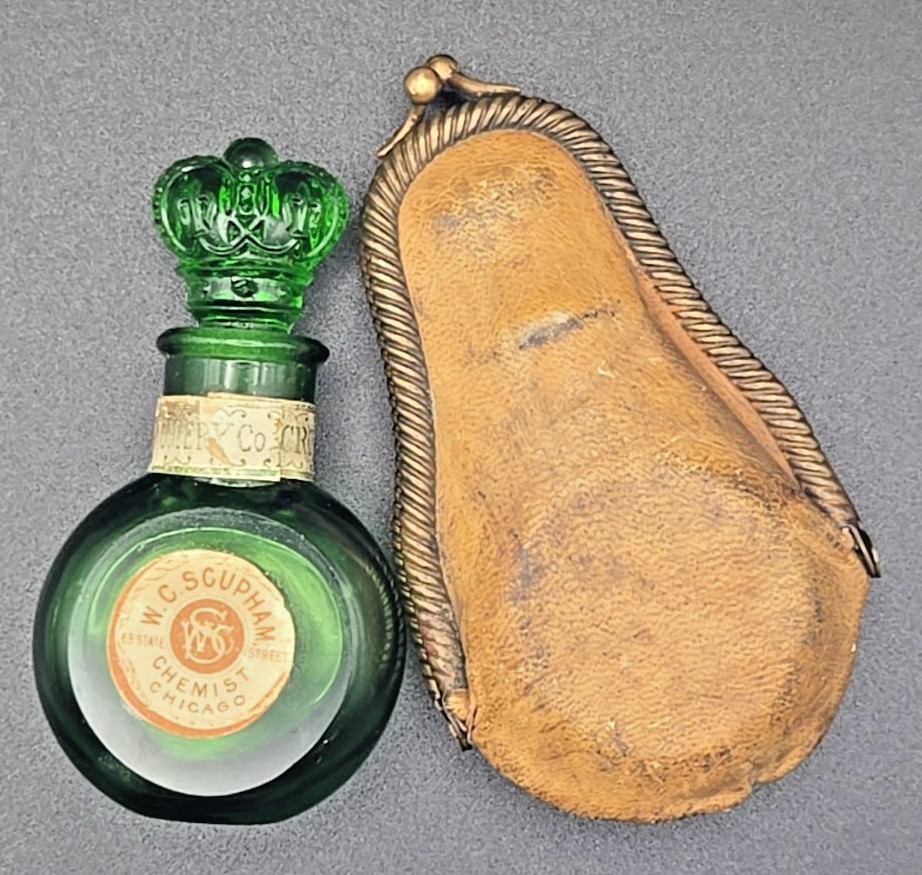 Antique Emerald Green Glass Crown EMPTY Lavender Salts London Perfumery with Bag