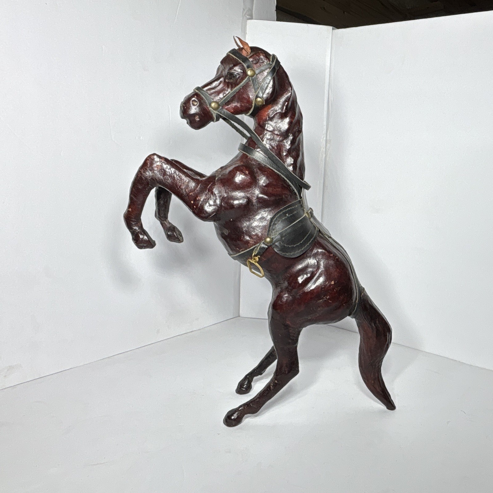 Vintage Leather Wrapped Rearing Horse Figurine Statue Equestrian Decor