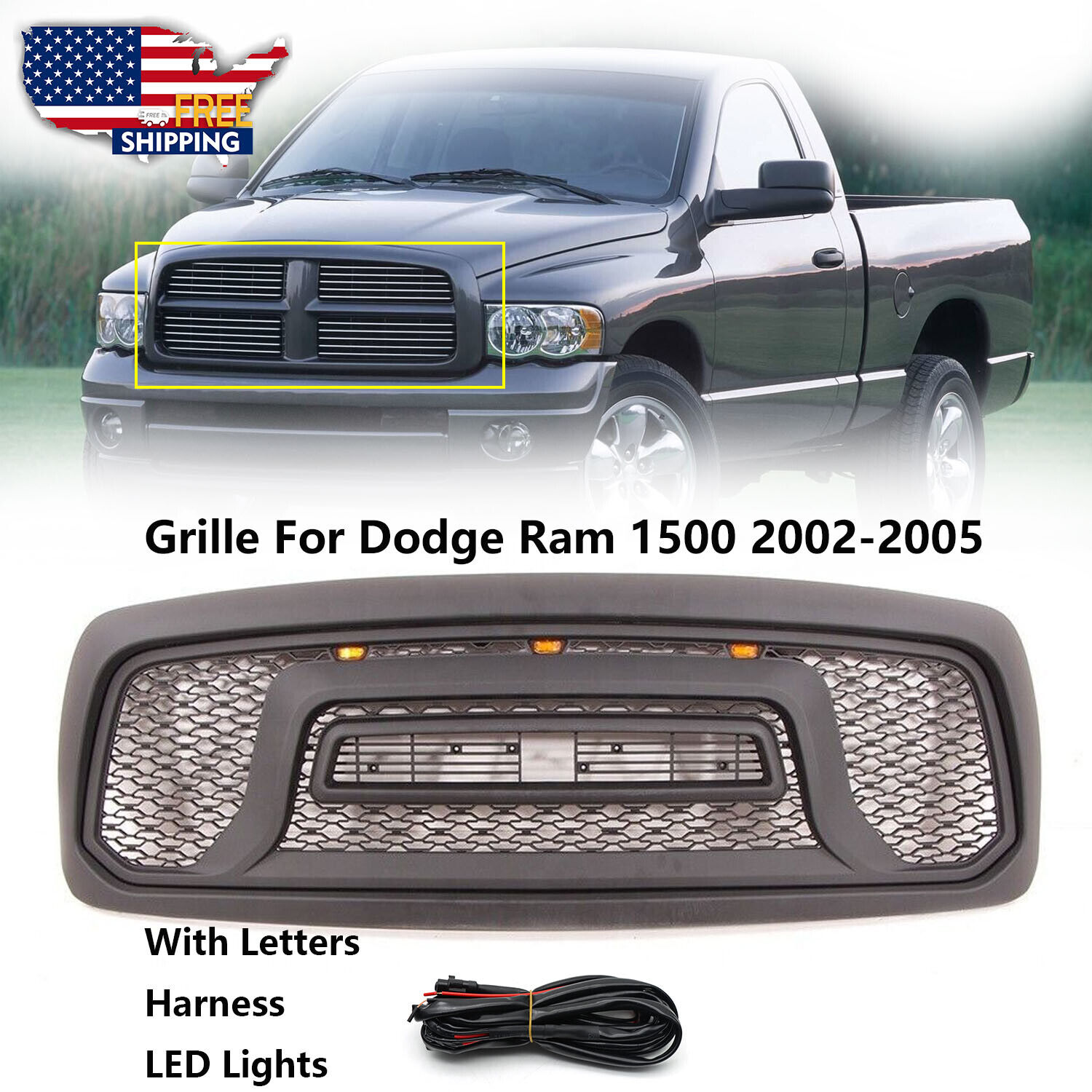 Fit For Dodge Ram 1500 Grill 2002 2003 2004 2005 Front Grille w/Letter+LED Black