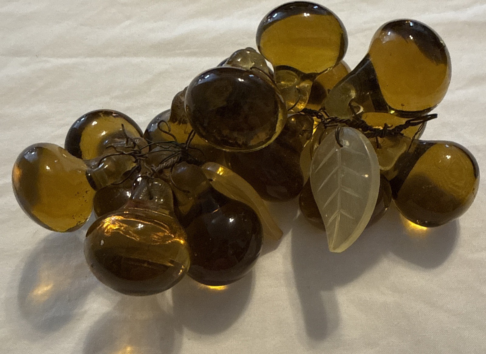 Vintage 1960s Amber Large Lucite Grapes Cluster Large W/ Leaves 8” Wired