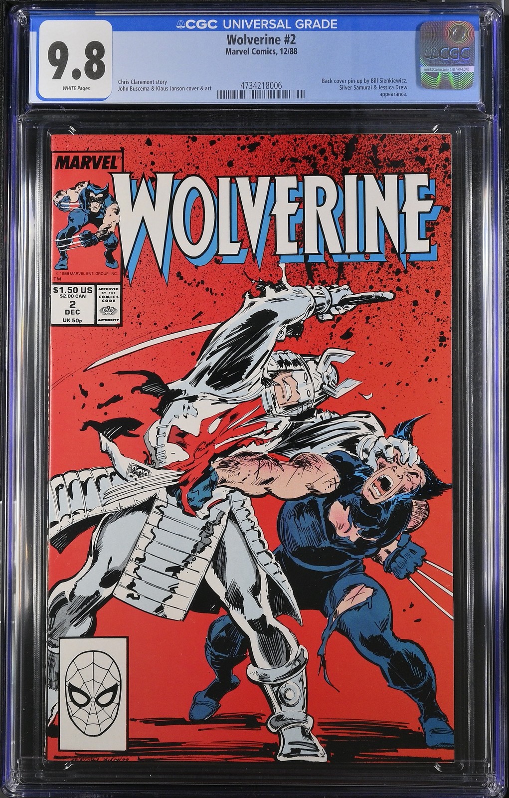 Wolverine #2 (1988) - CGC 9.8 - Silver Samurai + Jessica Drew appearance