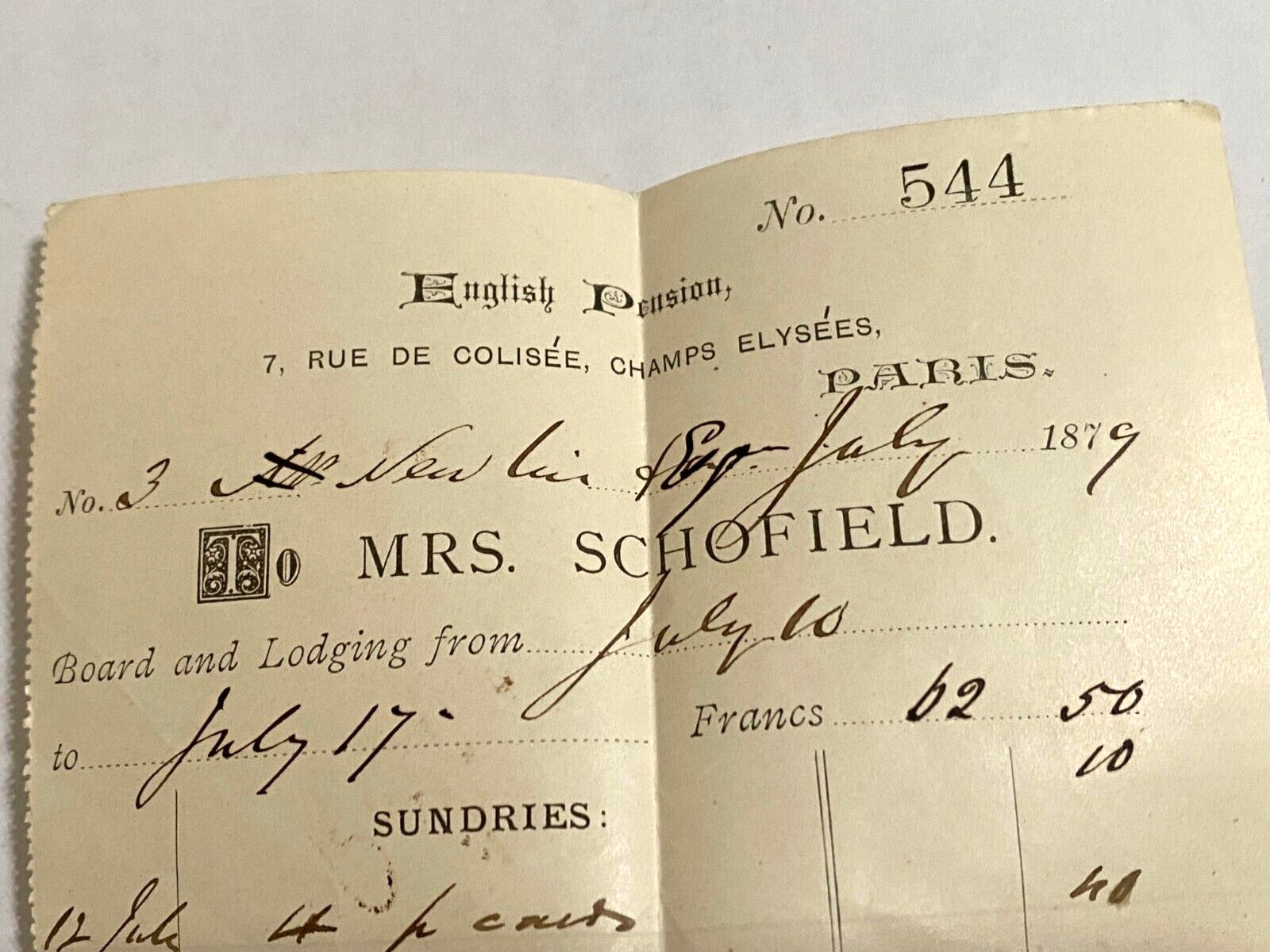 1879 English Pension in Paris France Receipt Antique