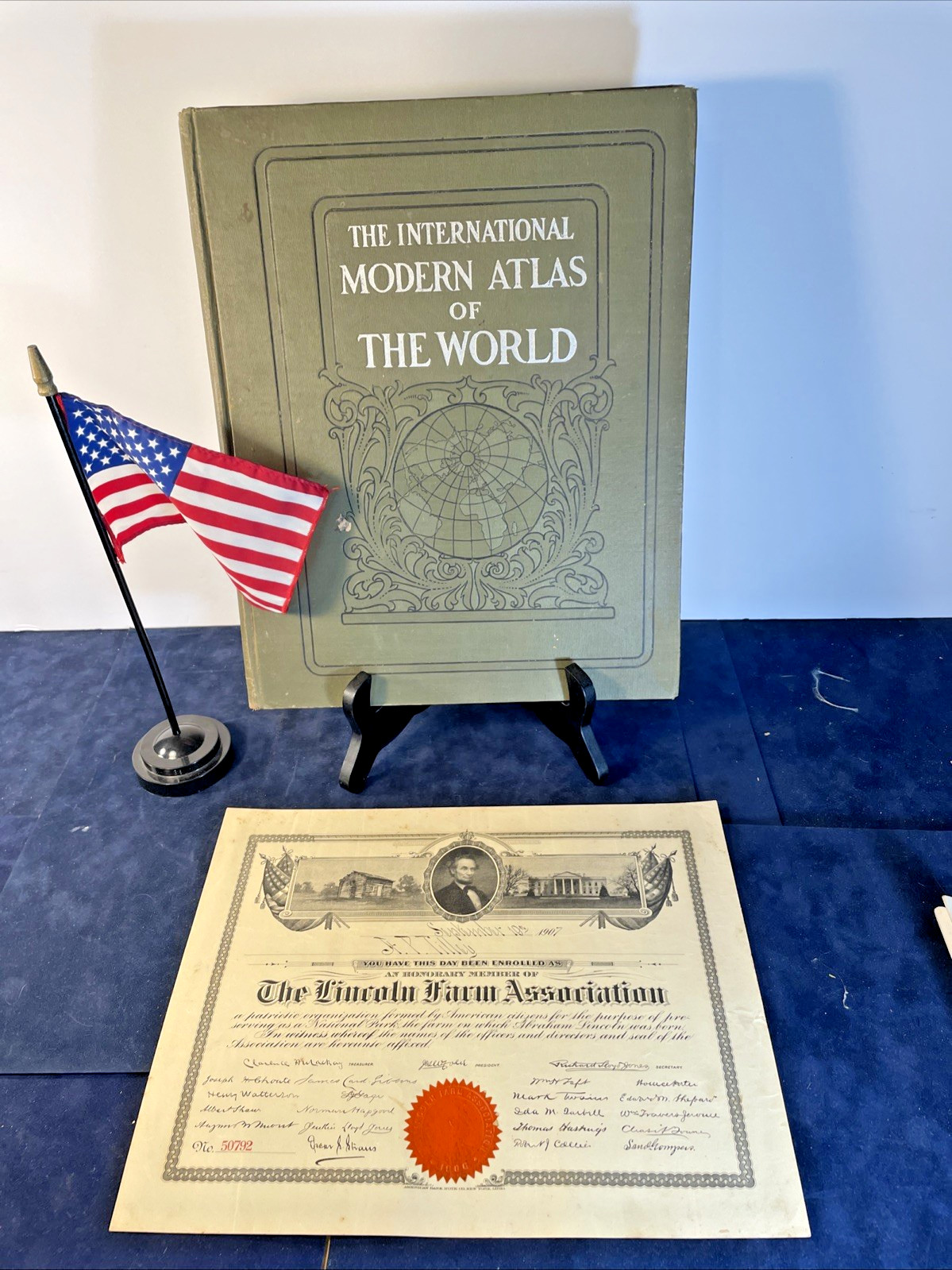 1906 Lincoln Farm Association Honorary Membership Certificate PLUS World Atlas