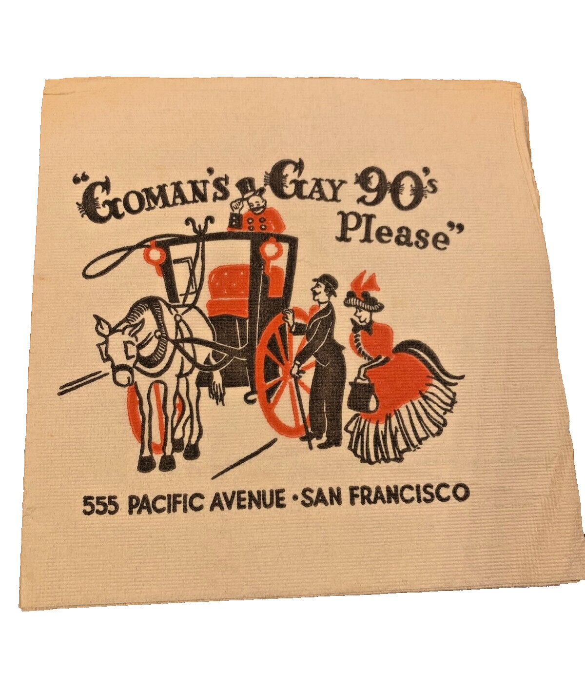Gomans Gay 90s Bar Restaurant Napkin San Francisco CA RARE Vaudeville