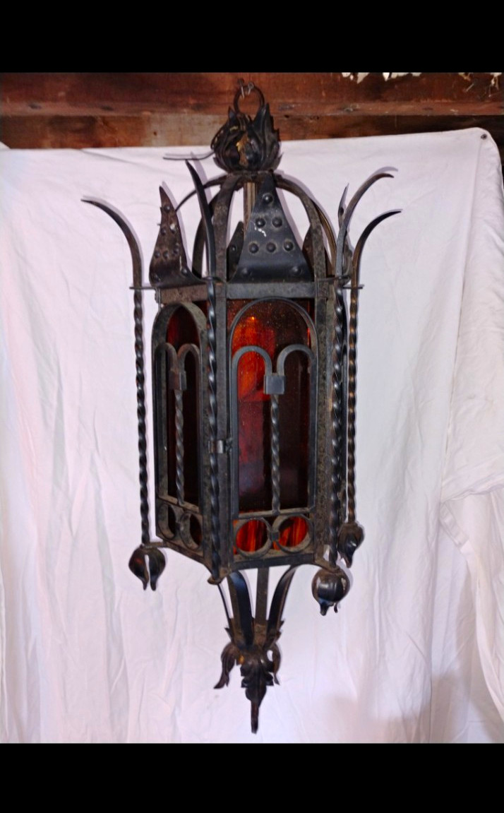 Spanish Revival  Antique Black Metal Hanging Iron Ceiling Light  Deep Amber Glas