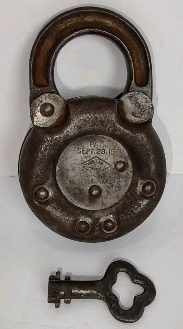 Antique Edwards Lever Padlock w/ Key Pat Sept 28 1915 Heavy Steel Made USA