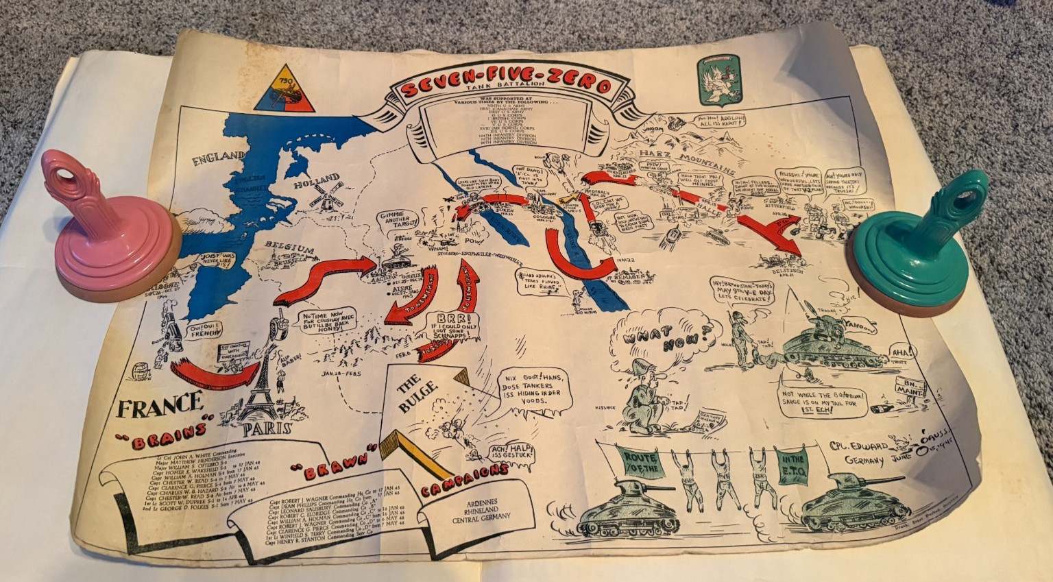 Original 1945 WWII 750th Tank Battalion Pictorial Map Cpl. Edward Oauss Vintage