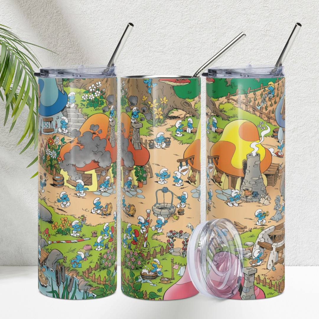 Smurfs Village Tumbler 20 oz Stainless Steel Metal Straw Forest Cartoon Travel