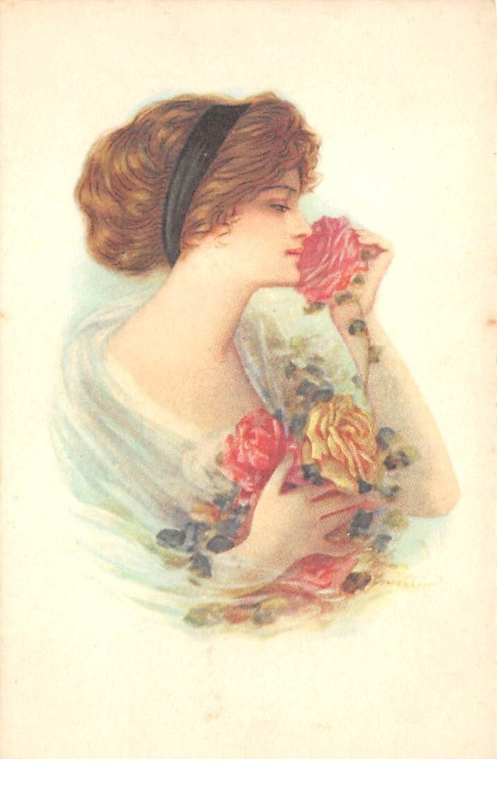 Illustrator - No. 65582 - Young Woman In Profile Smelling Roses