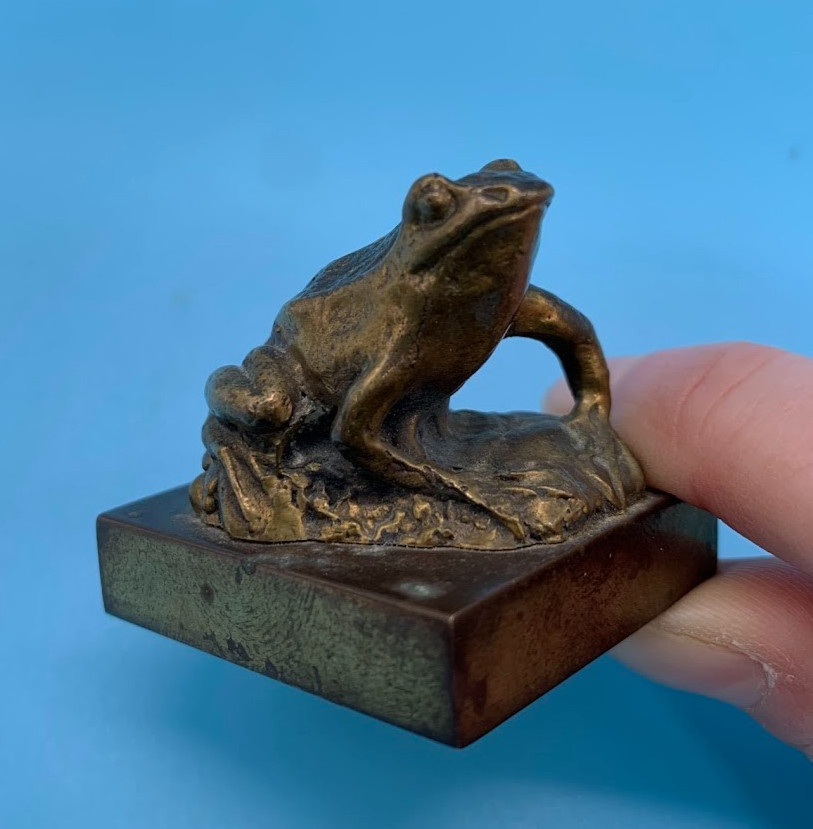 Gilt Bronze Sculptural Frog Paperweight Frog Perched on Textured Rock Feature