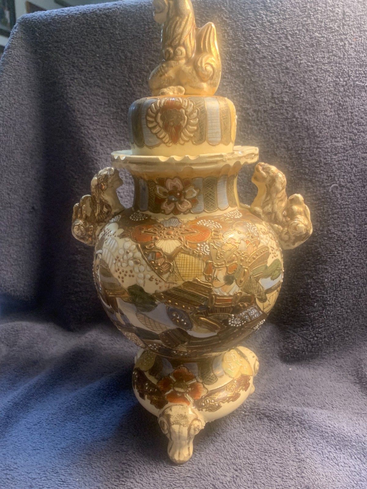 Vintage Satsuma Pottery Lidded Jar with Tripod Base