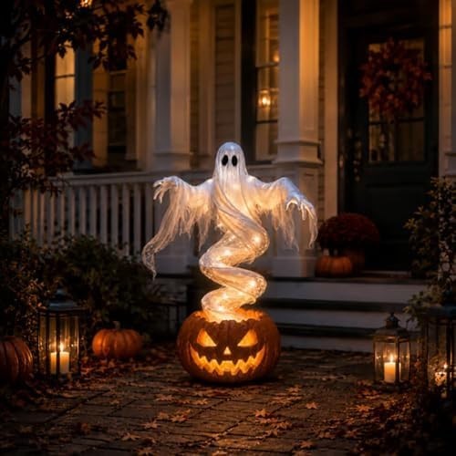 LED Swirling Ghost Pumpkin Yard Lamp | Lighted Halloween Garden Decor, Outdoor L
