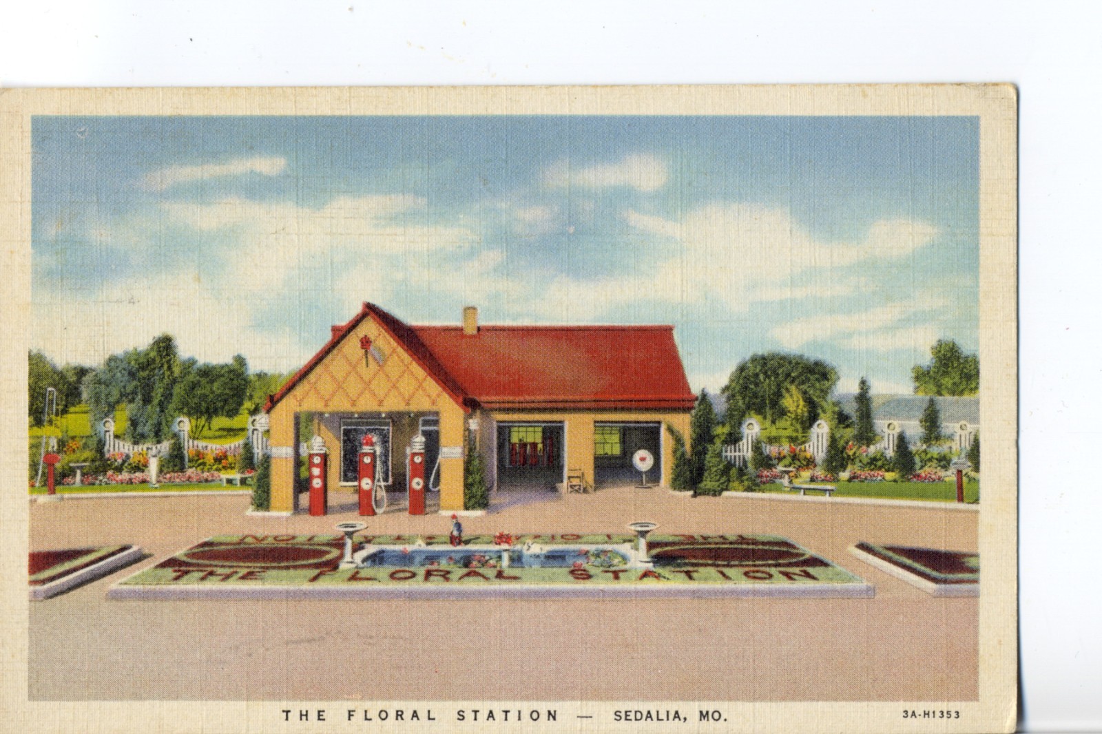 The Floral Station, Sedalia, Mo. Missouri Postcard.  Gasoline Pumps