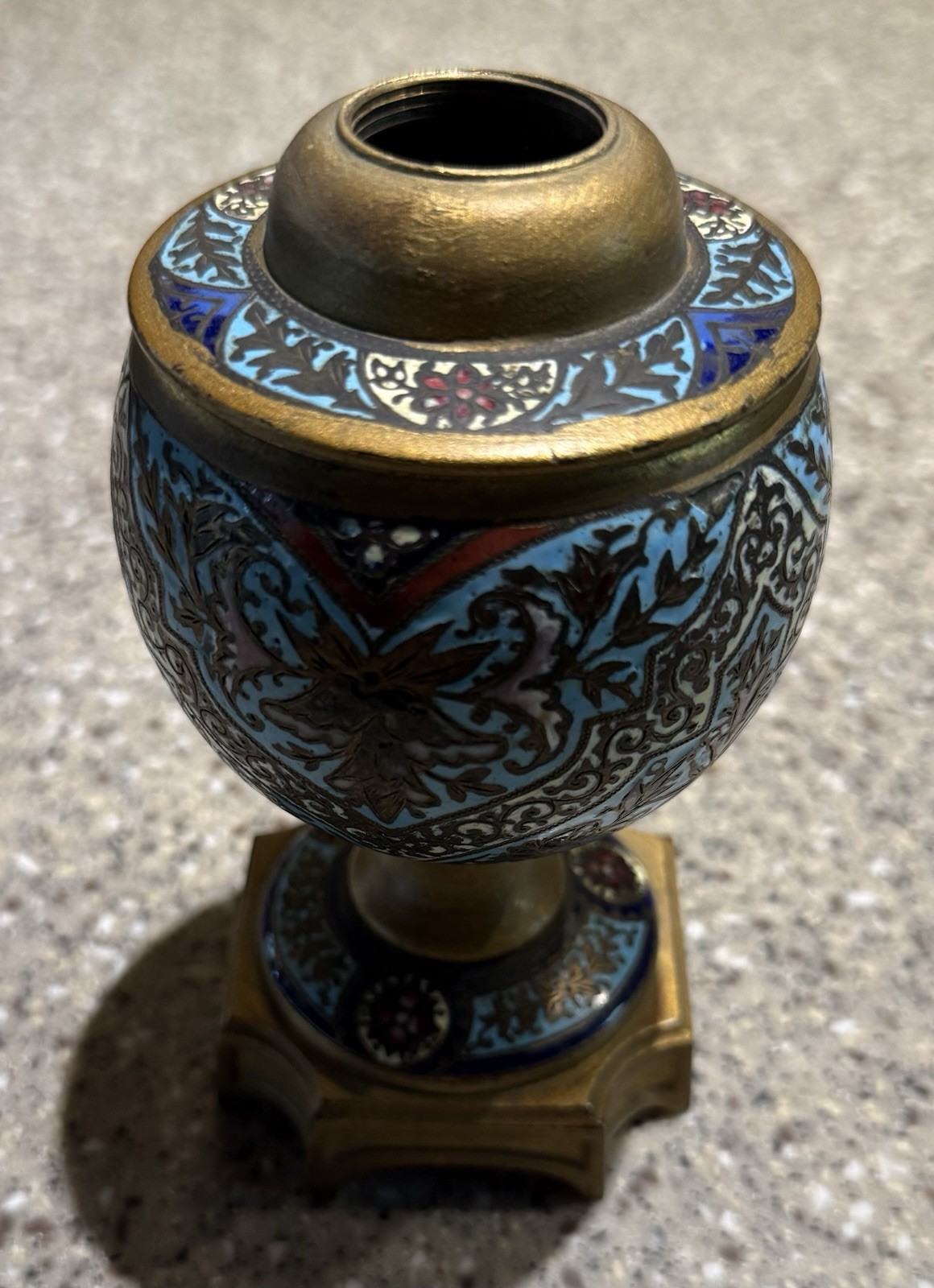 Antique French Champleve Enamel Brass Inkwell Base Urn Desk Accessory 19th C